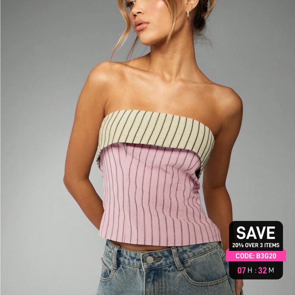 Striped Foldover Tube Top in Pink and Cream MISSGUIDED